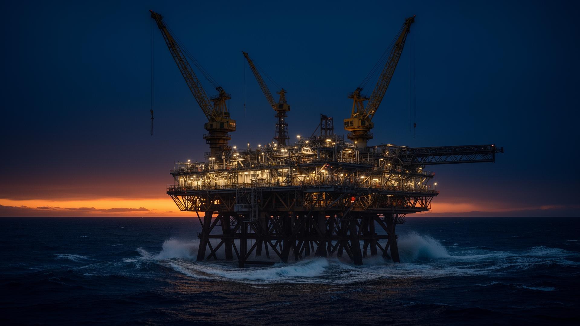 Offshore platform at twilight with industrial cranes